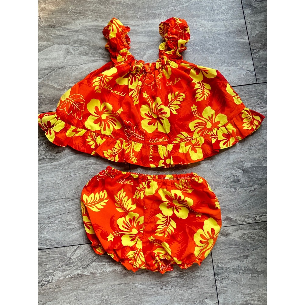Baby Hawaiian Outfit 6M Orange Yellow Hibiscus Aloha Ruffle Top Bloomers